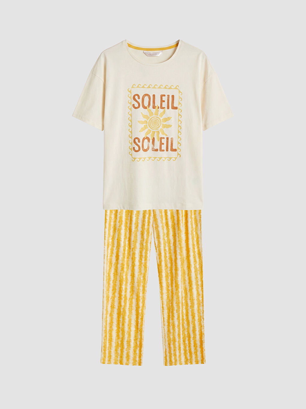 Sarı Bisiklet Yaka Baskılı Kadın Pijama Takımı