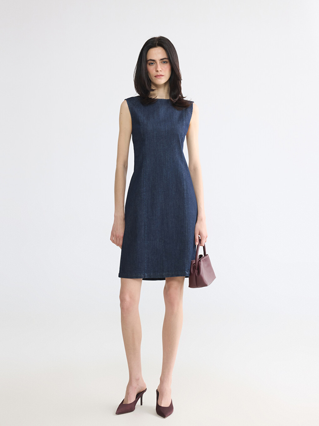 Rochie Mini din Denim cu Guler Rotund-1