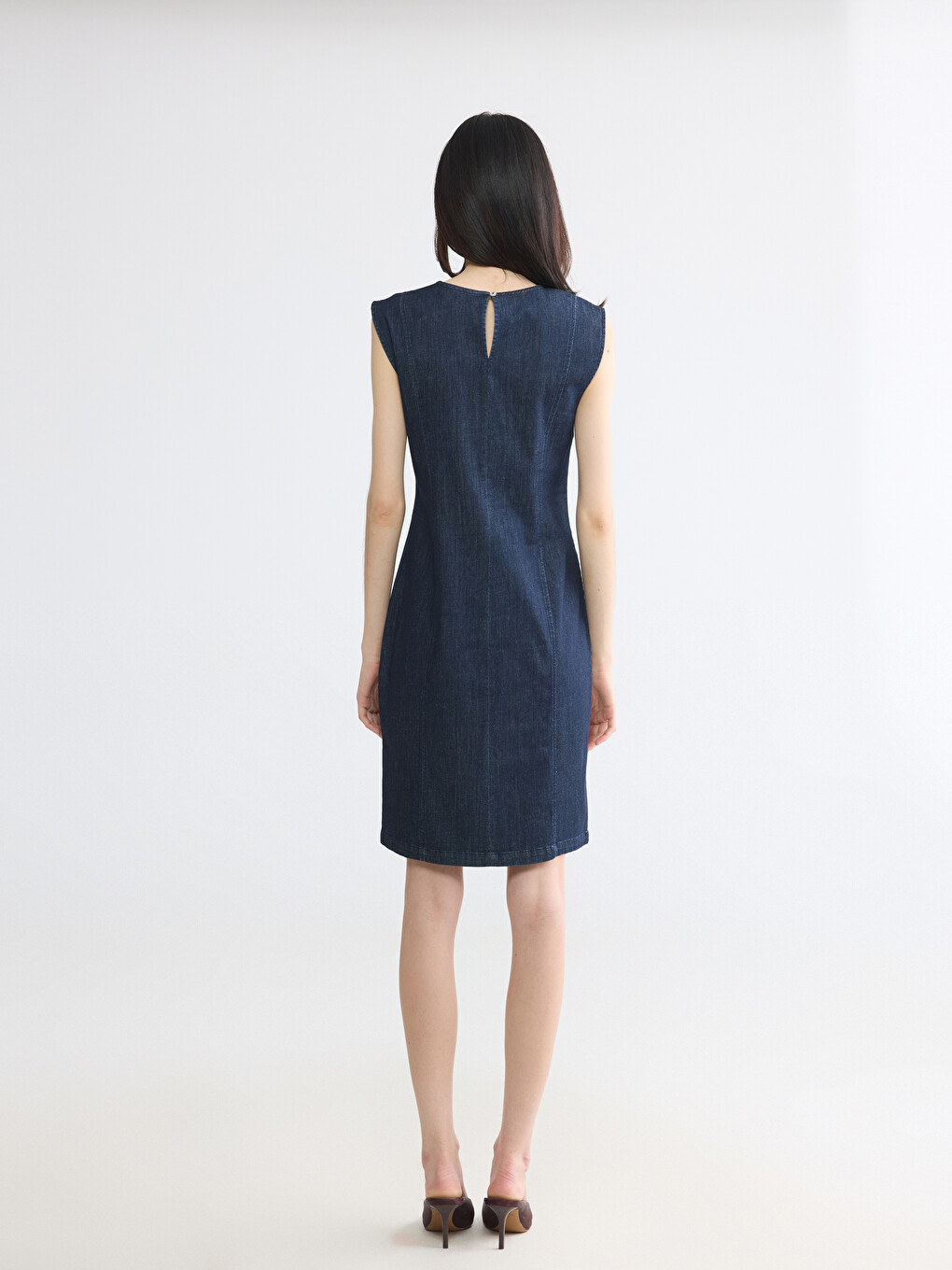 Rochie Mini din Denim cu Guler Rotund-3