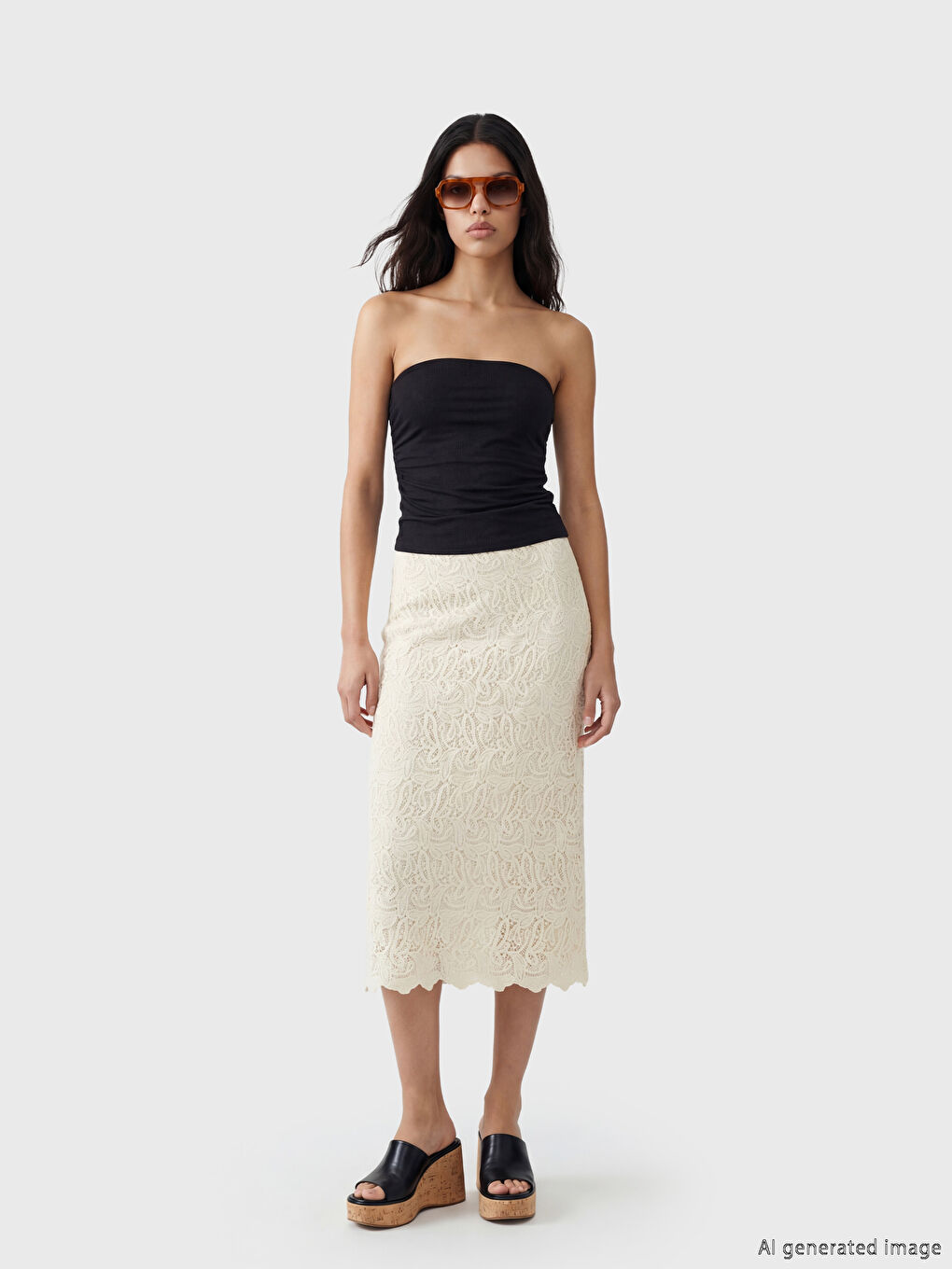 Beyaz Beli Lastikli Ajurlu A Kesim Etek