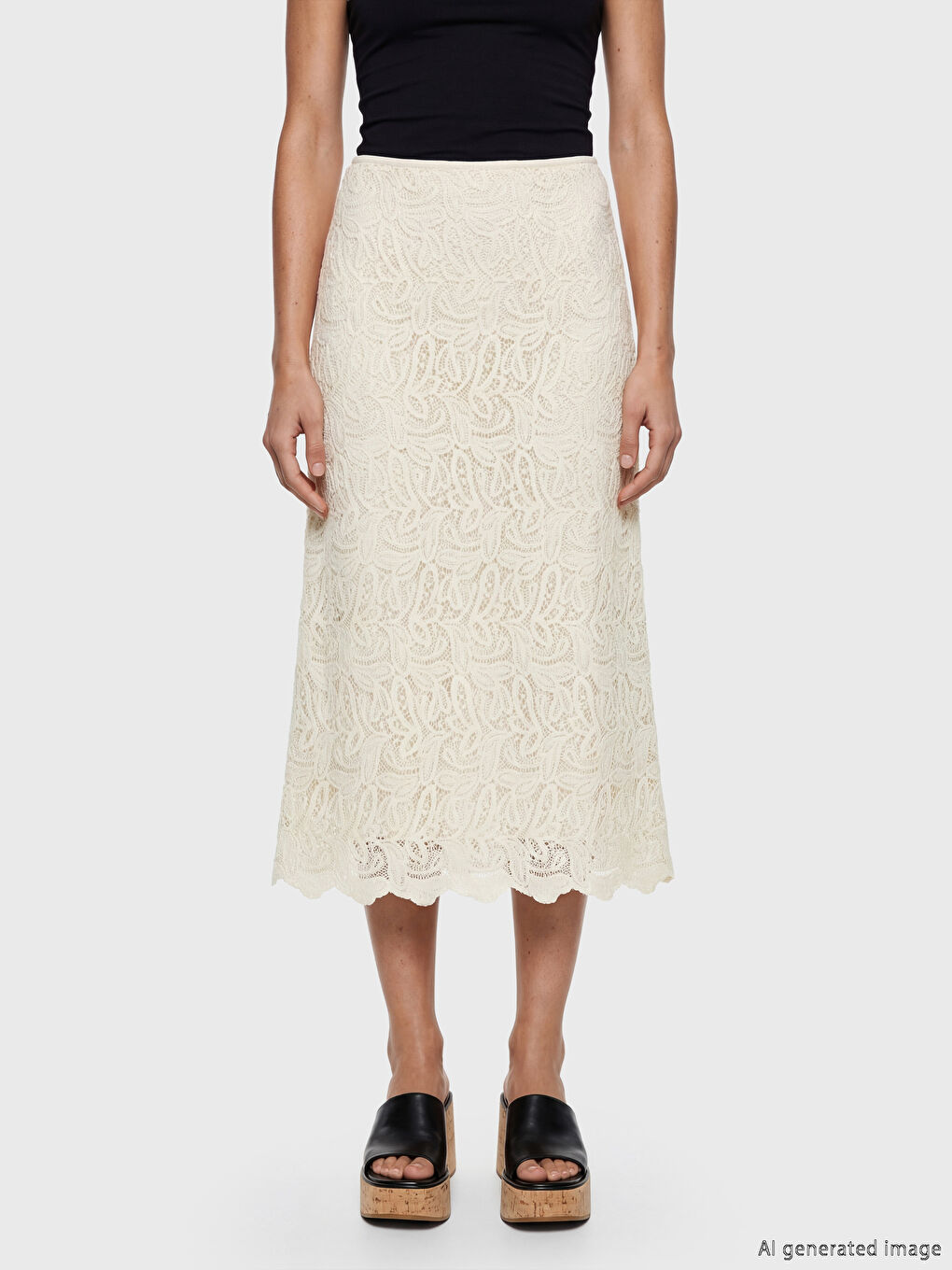 Beyaz Beli Lastikli Ajurlu A Kesim Etek-1