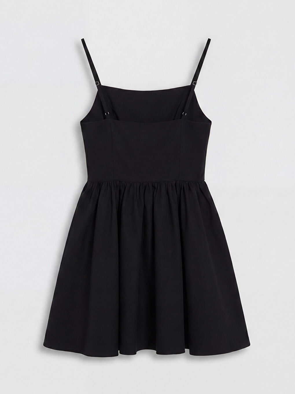 Siyah İp Askılı Belden Oturtmalı Poplin Mini Elbise-1