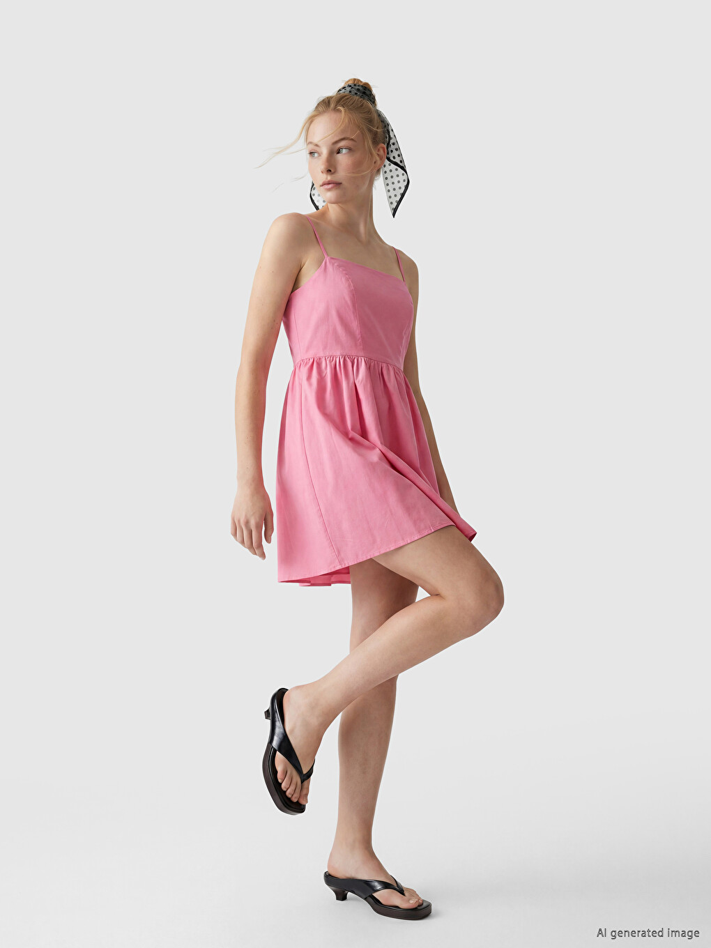 Pembe İp Askılı Belden Oturtmalı Poplin Mini Elbise-2