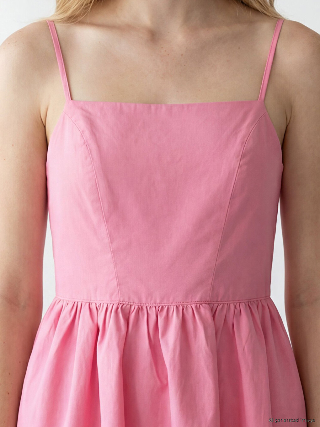 Pembe İp Askılı Belden Oturtmalı Poplin Mini Elbise-3