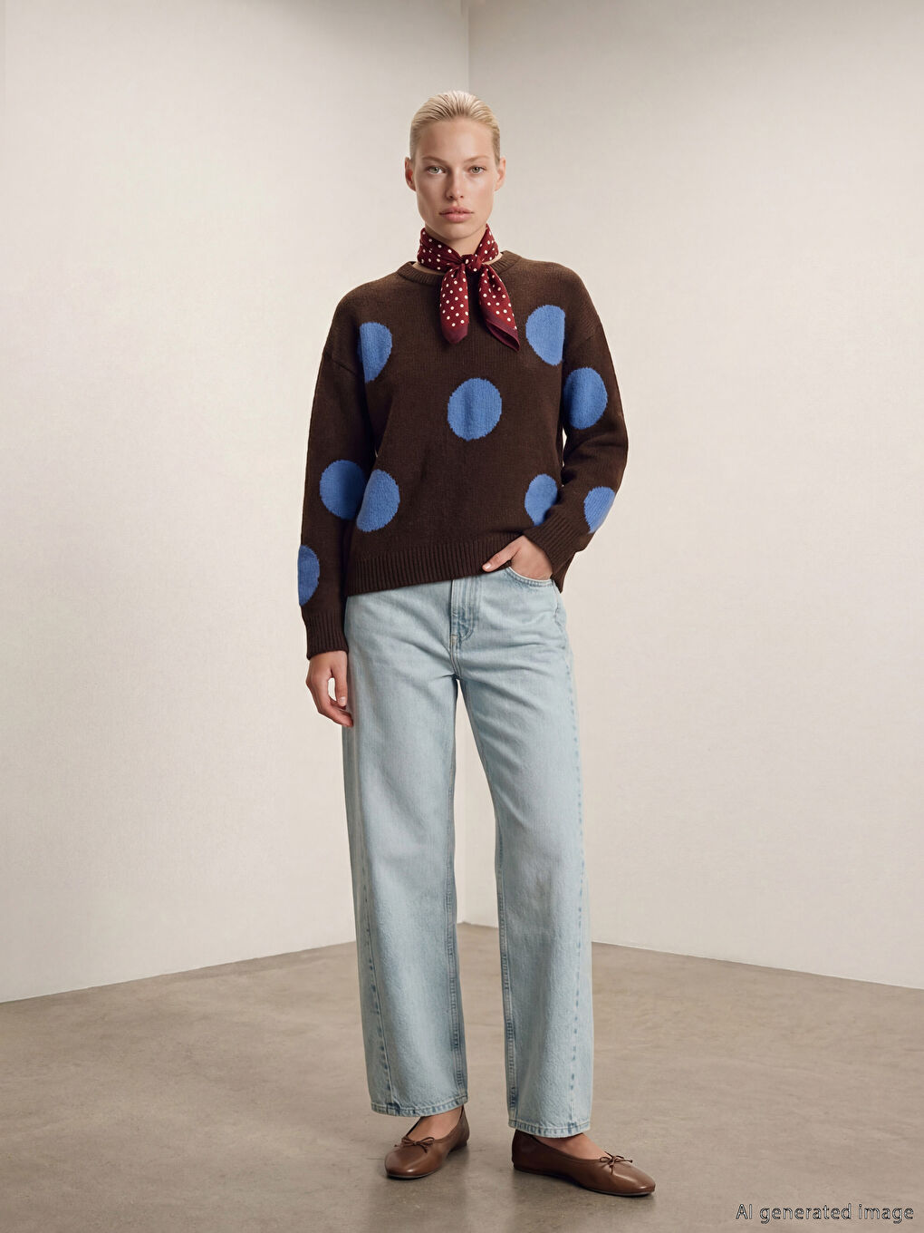 Kahverengi Bisiklet Yaka Puantiyeli Kadın Triko Kazak-1