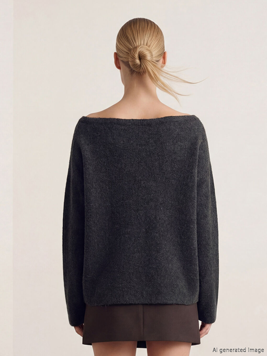 Antrasit Kayık Yaka Büzgülü Kadın Triko Kazak-2