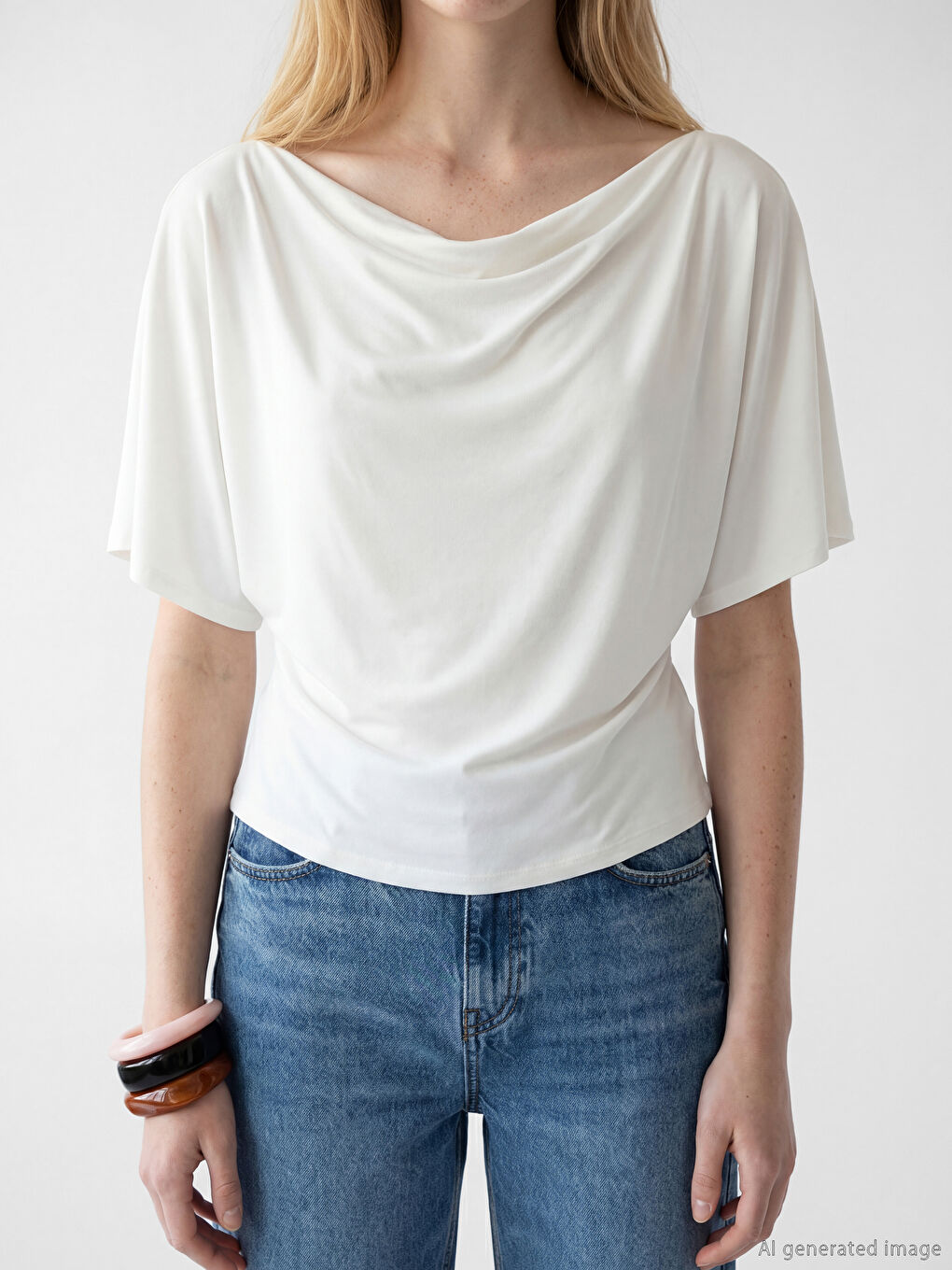 Beyaz Dökümlü Yaka Bluz-2