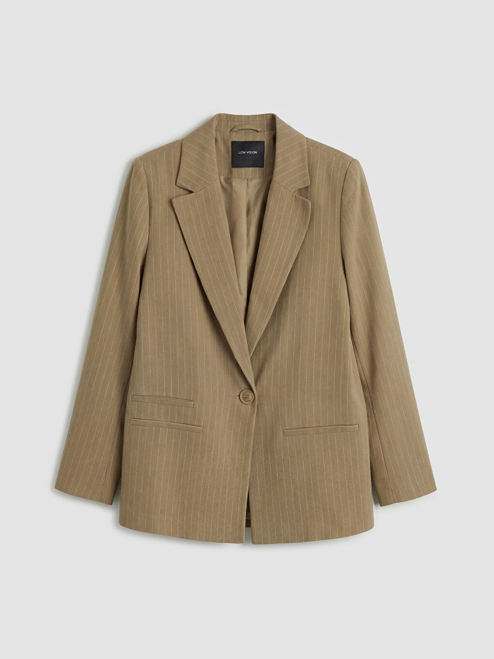 Haki Çizgili Keten Karışımlı Kadın Blazer Ceket	