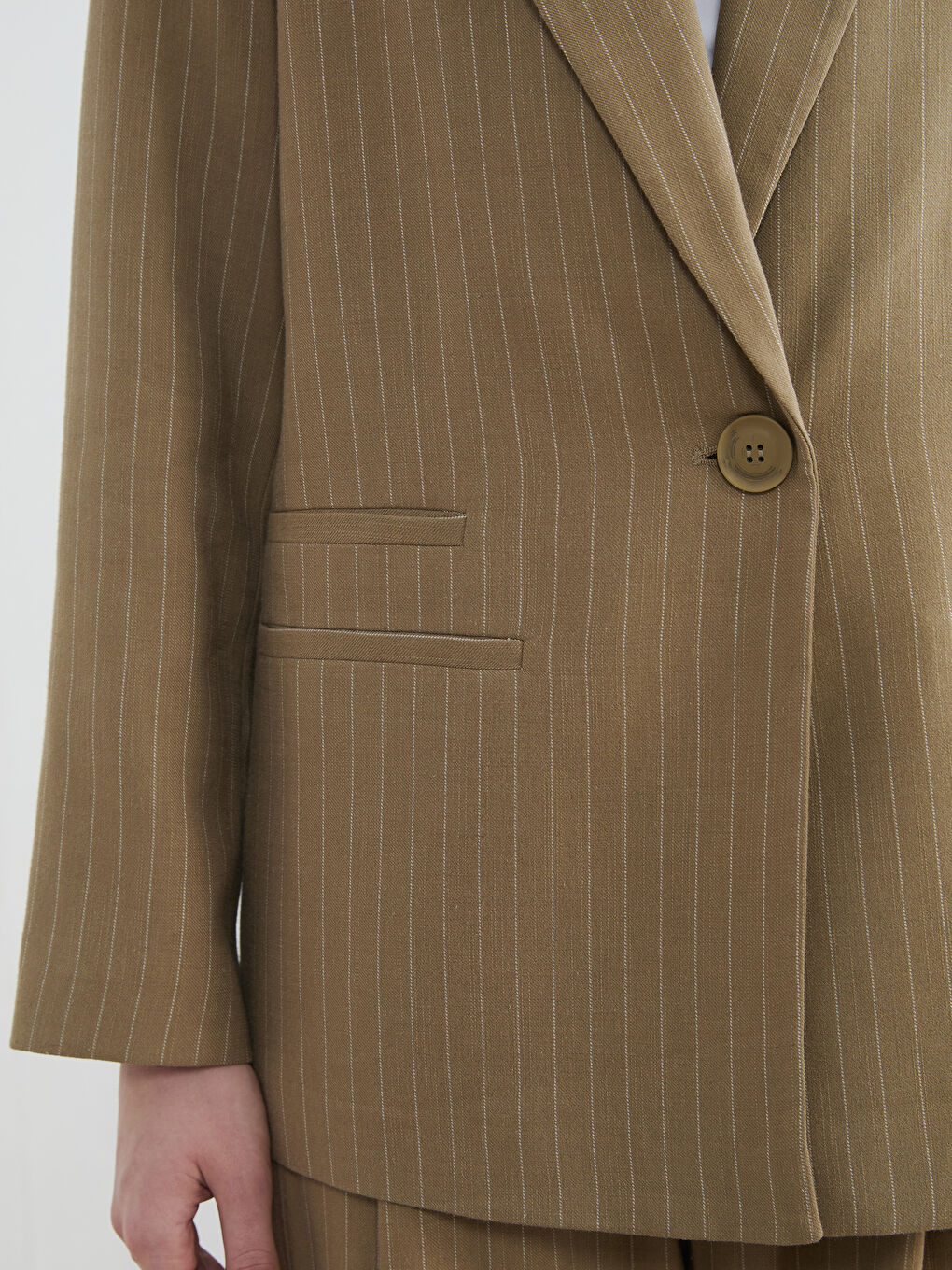 Haki Çizgili Keten Karışımlı Kadın Blazer Ceket	-3