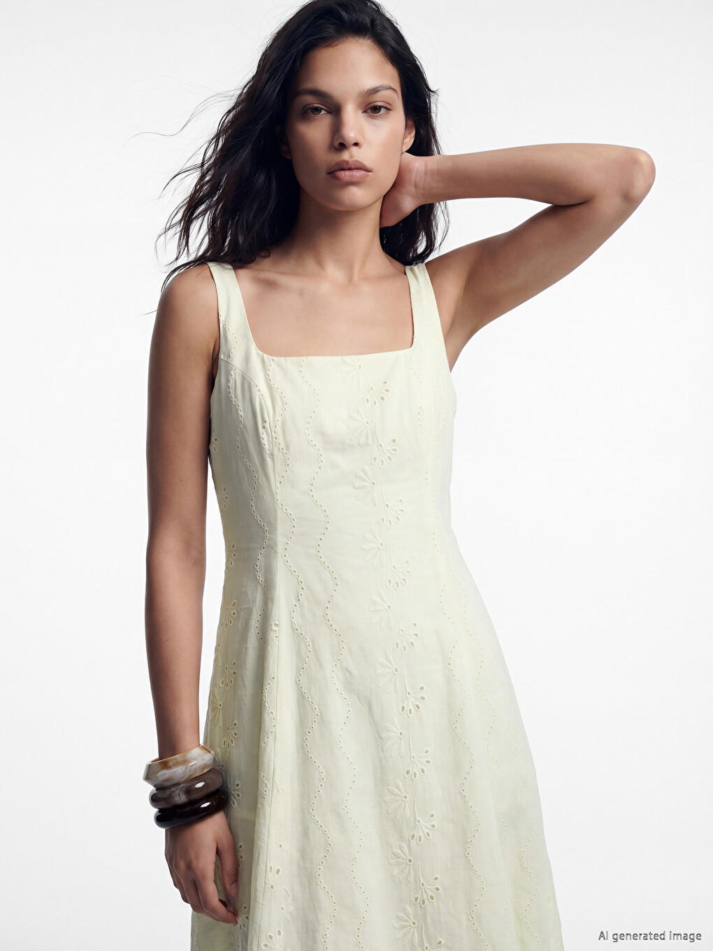 Square Neck Broderie Flared Dress