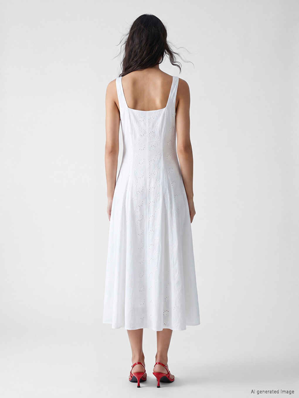 Square Neck Broderie Flared Dress-2
