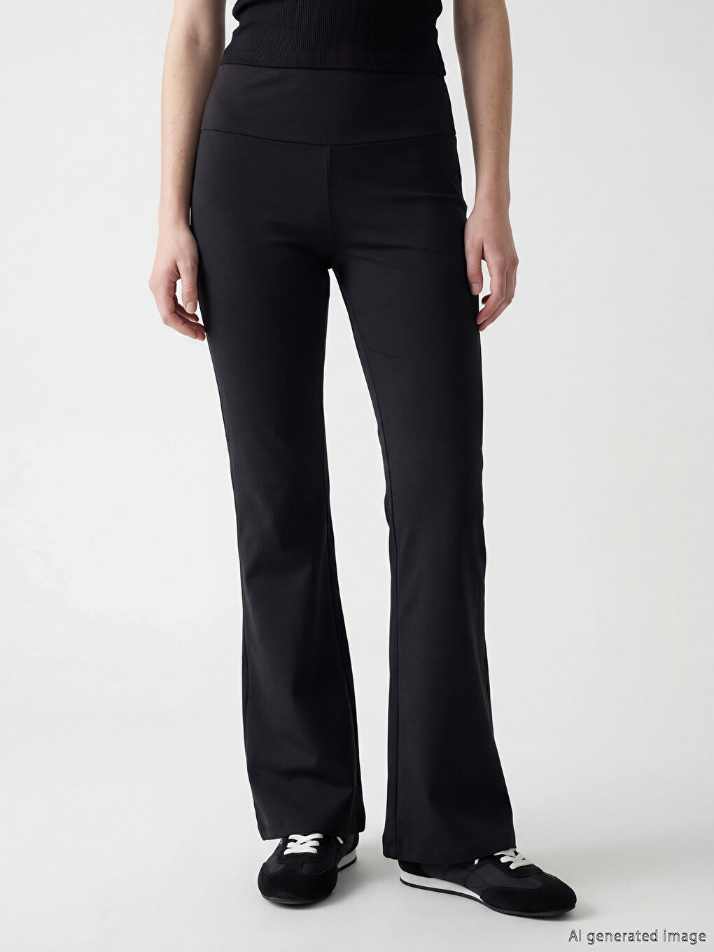 Siyah Yüksek Bel İspanyol Paça Kadın Tayt Pantolon-1