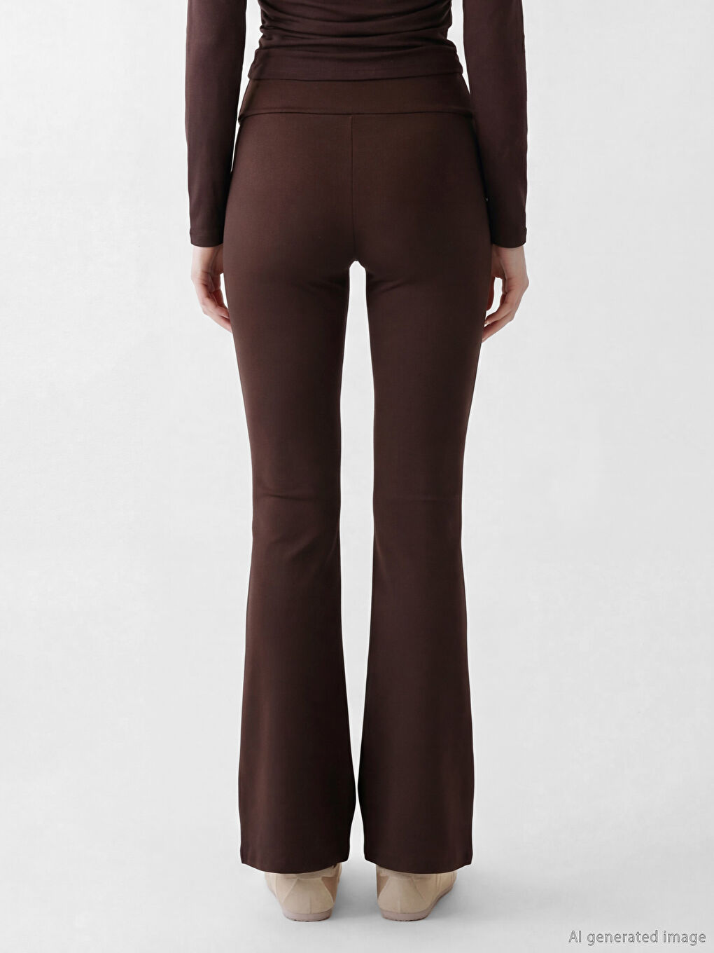 Kahverengi Yüksek Bel İspanyol Paça Kadın Tayt Pantolon	-2