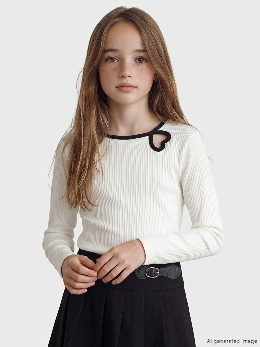 Ekru Bisiklet Yaka Kalp Detaylı Kız Çocuk Tişört