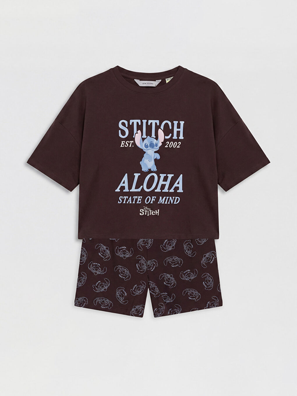 Kahverengi Stitch Baskılı Kadın Şortlu Pijama Takımı