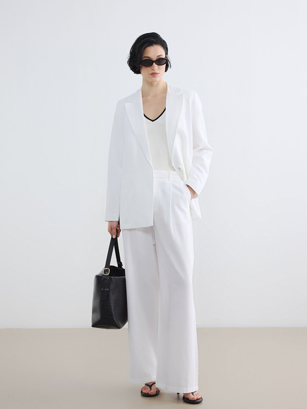 Beyaz Keten Karışımlı Kadın Blazer Ceket-1