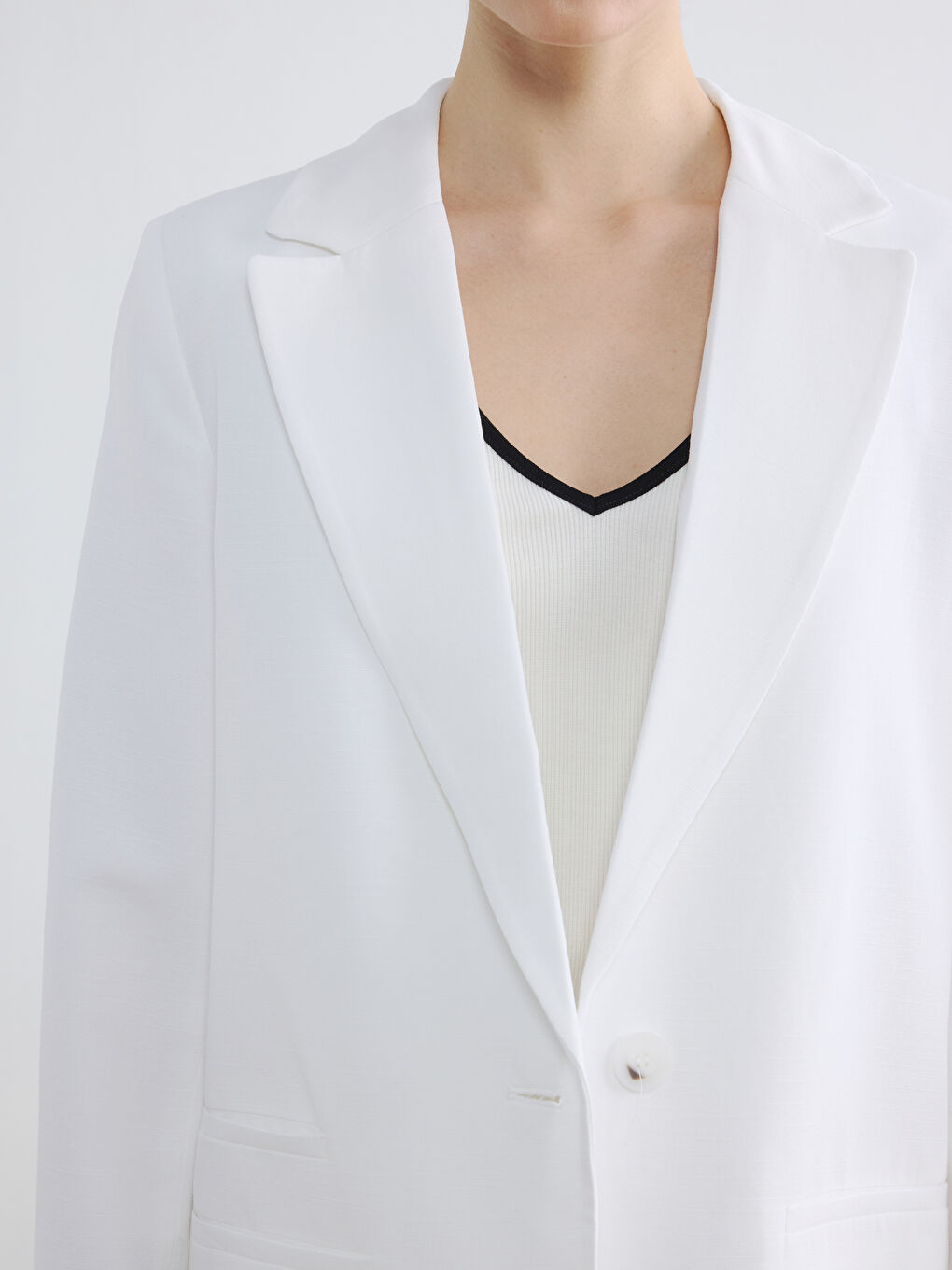 Beyaz Keten Karışımlı Kadın Blazer Ceket-2