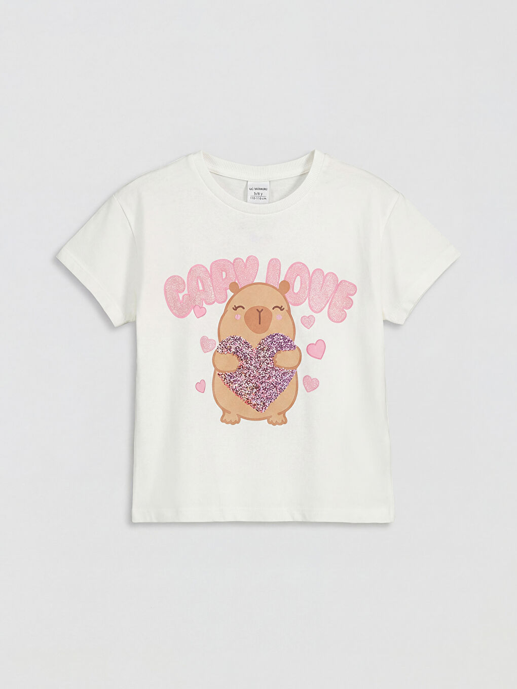 Ekru Bisiklet Yaka Baskılı Kız Çocuk Tişört