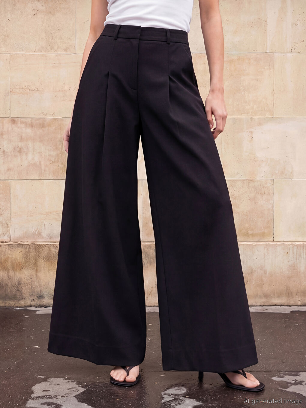 Siyah Geniş Paça Pileli Kadın Kumaş Pantolon-1