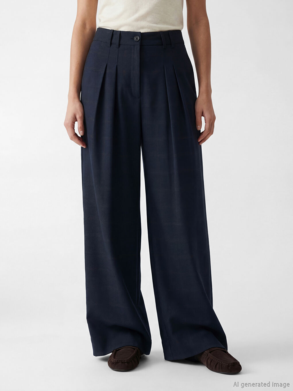 Lacivert Geniş Paça Pileli Kadın Kumaş Pantolon-1