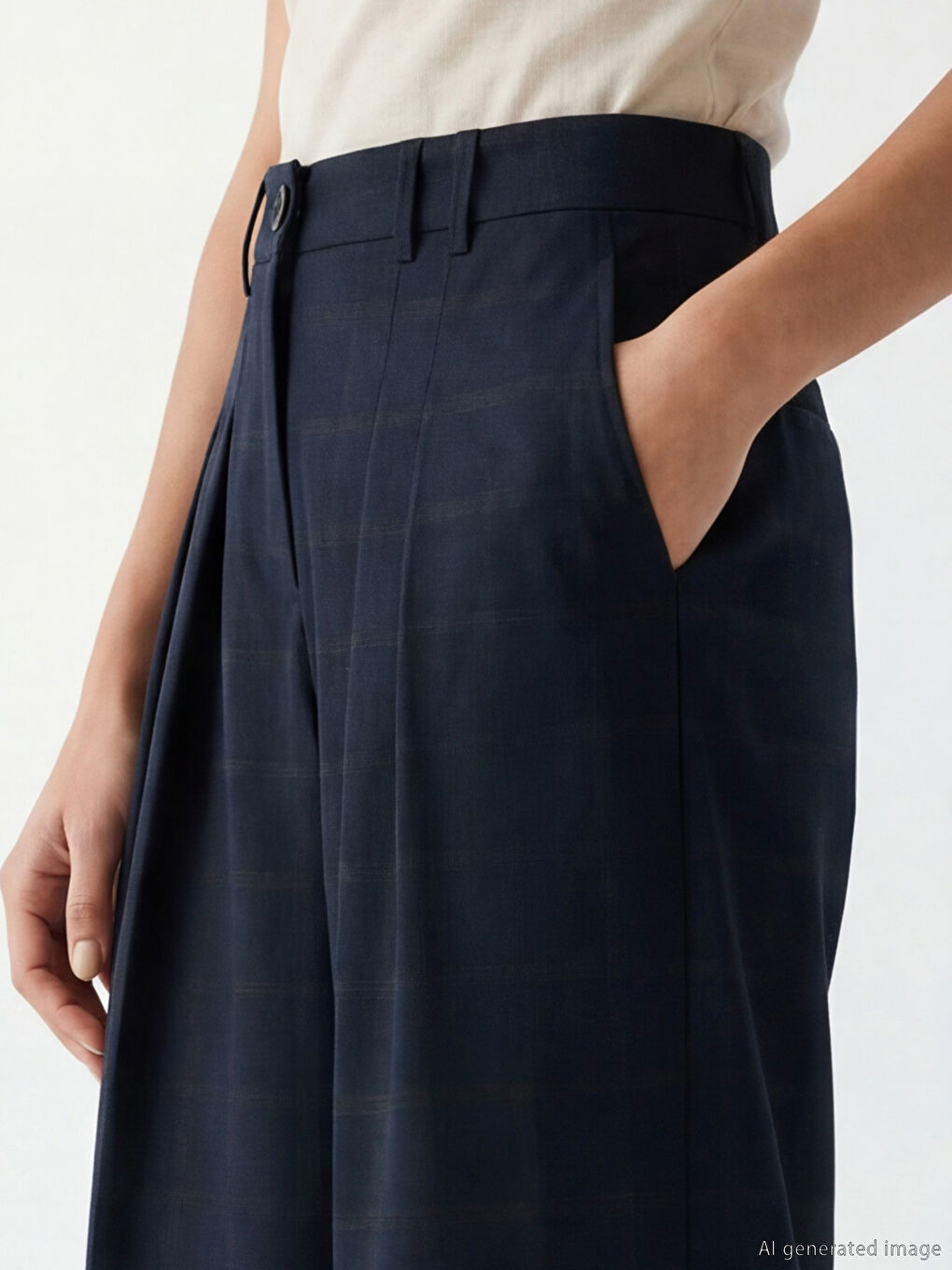 Lacivert Geniş Paça Pileli Kadın Kumaş Pantolon-2