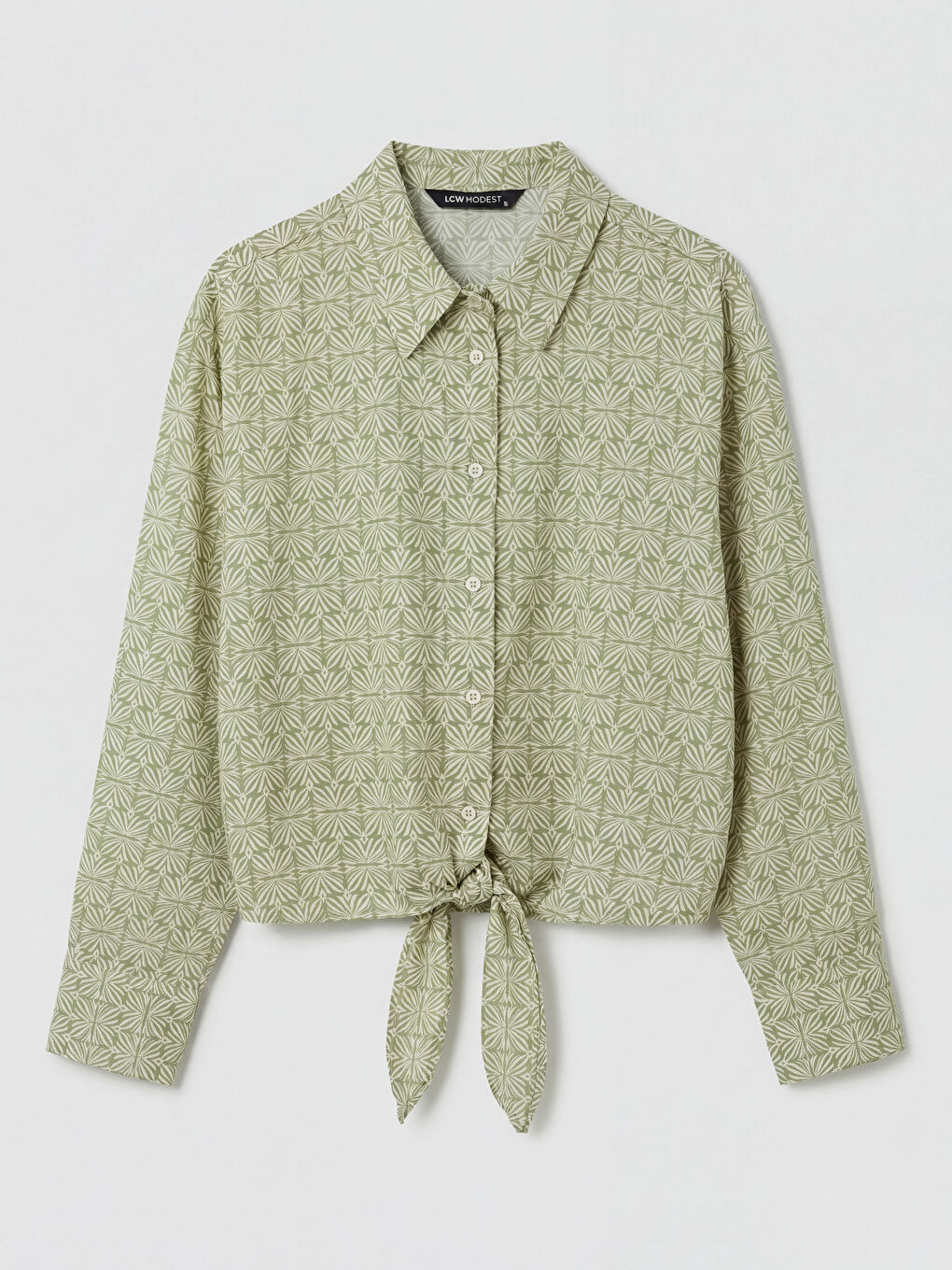 Yeşil Bağlama Detaylı Desenli Kadın Gömlek-4