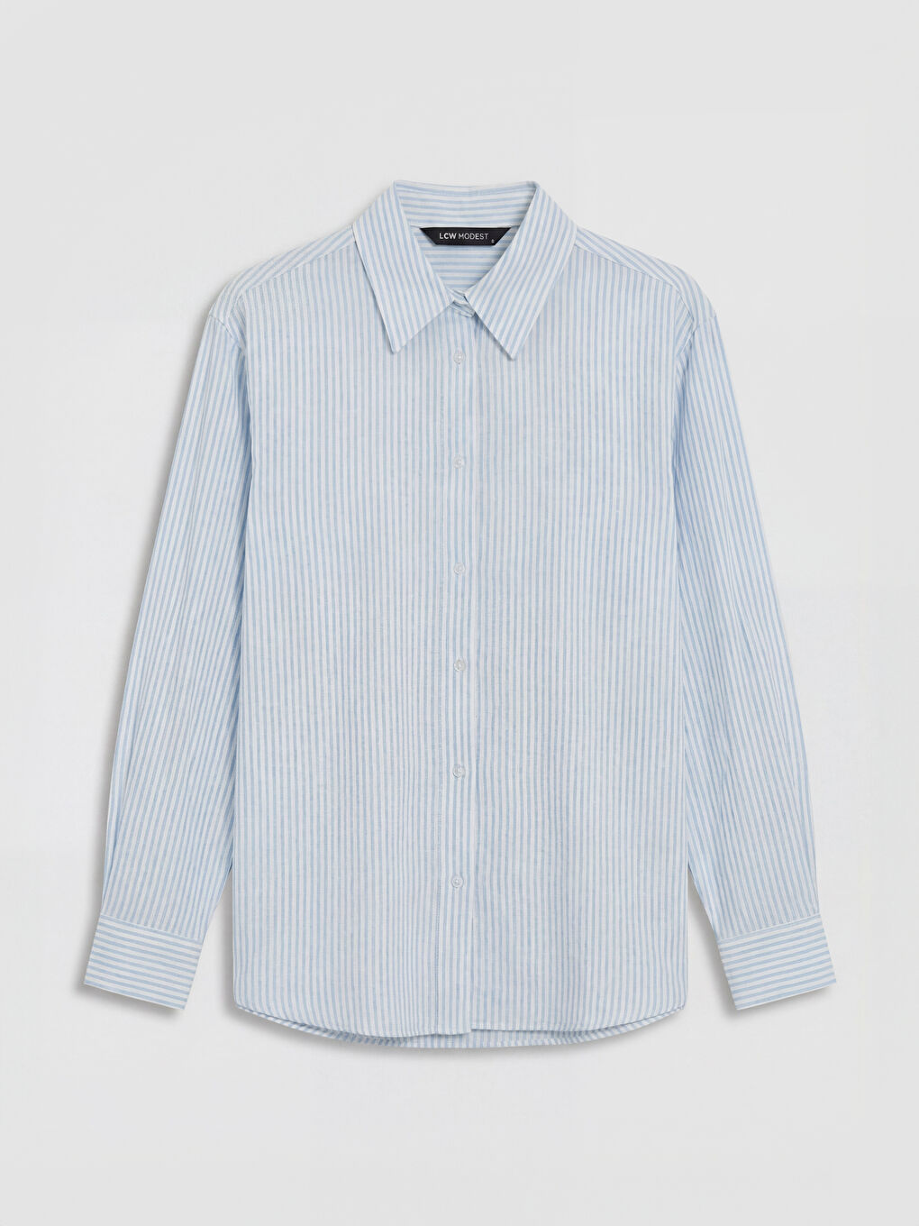 Mavi Çizgili Keten Karışımlı Kadın Gömlek