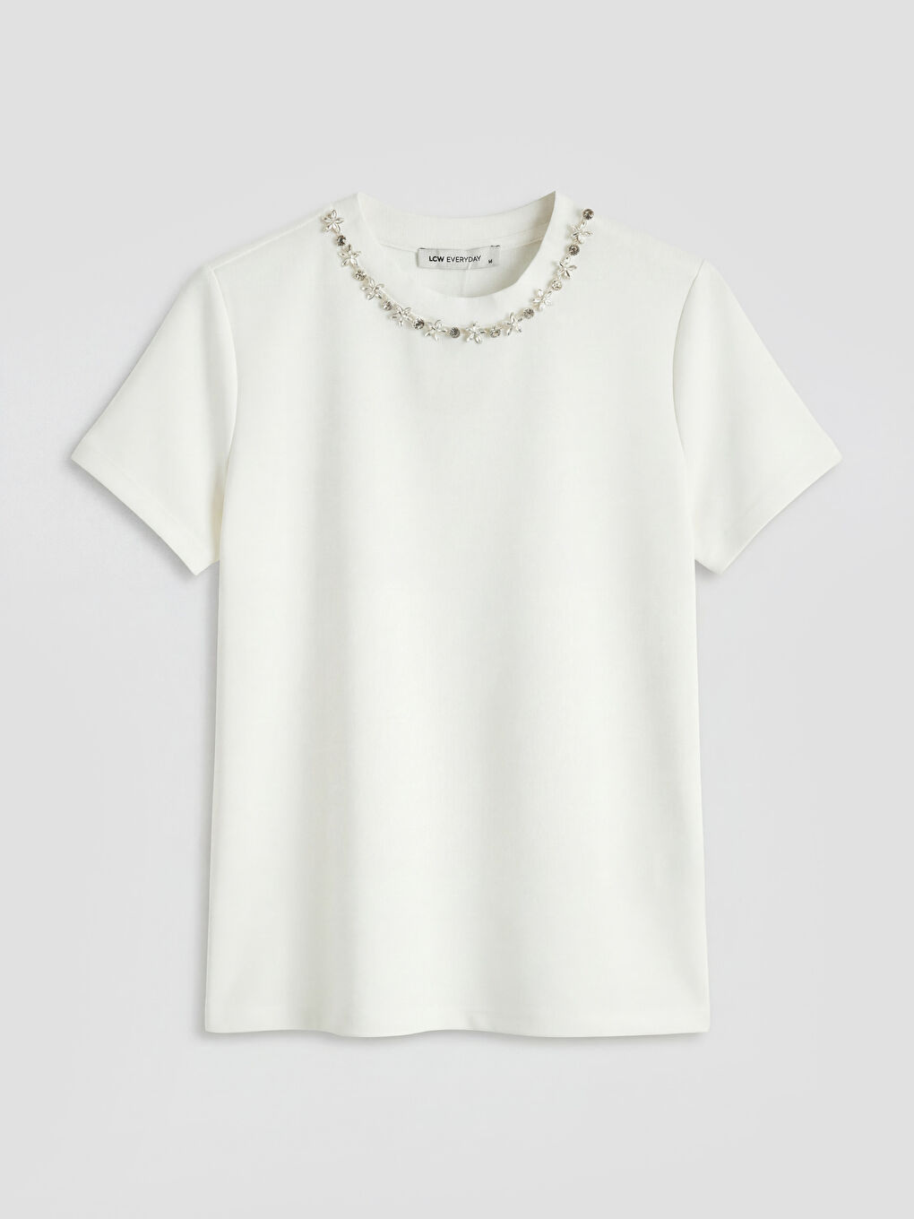 Beyaz Bisiklet Yaka Taşlı Kadın Tişört-4