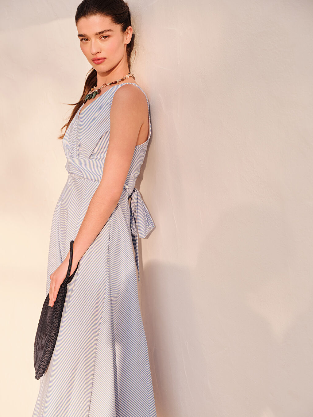 Mavi Çizgili Fiyonklu Belden Oturtmalı Elbise-1