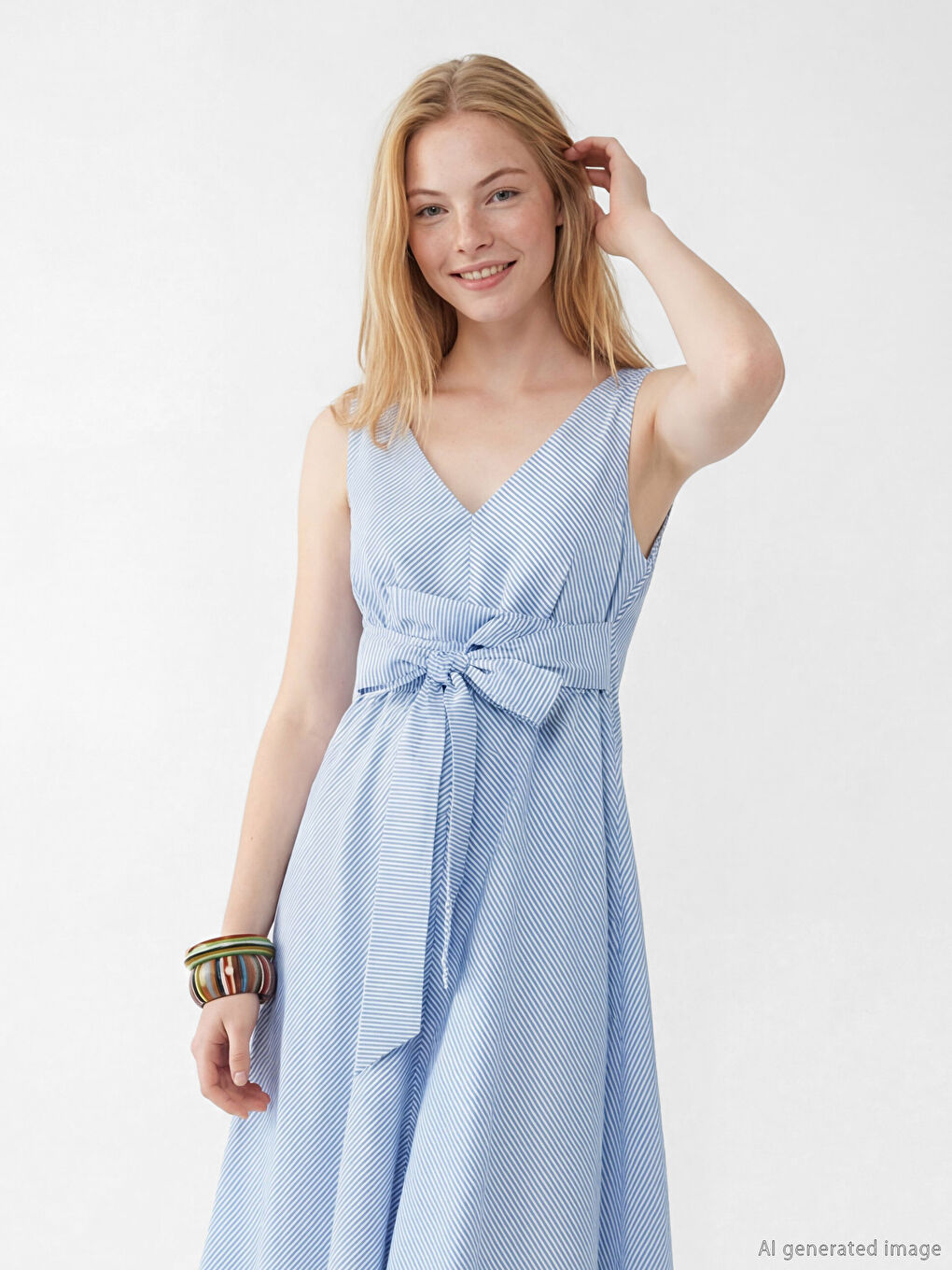 Mavi Çizgili Fiyonklu Belden Oturtmalı Elbise-1