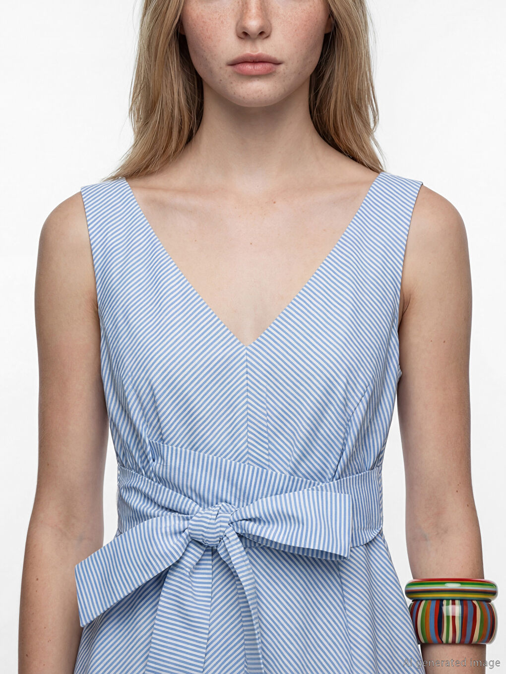 Mavi Çizgili Fiyonklu Belden Oturtmalı Elbise-2