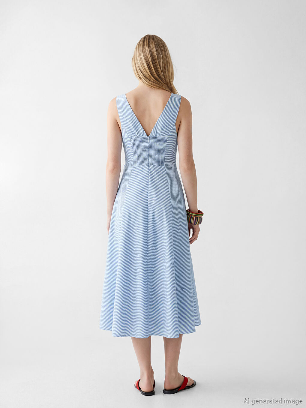 Mavi Çizgili Fiyonklu Belden Oturtmalı Elbise-3