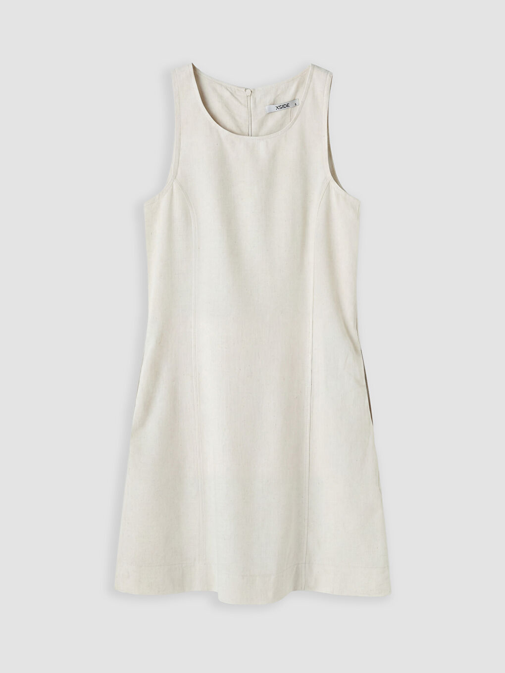 Bej Bisiklet Yaka Keten Karışımlı Mini Elbise-4