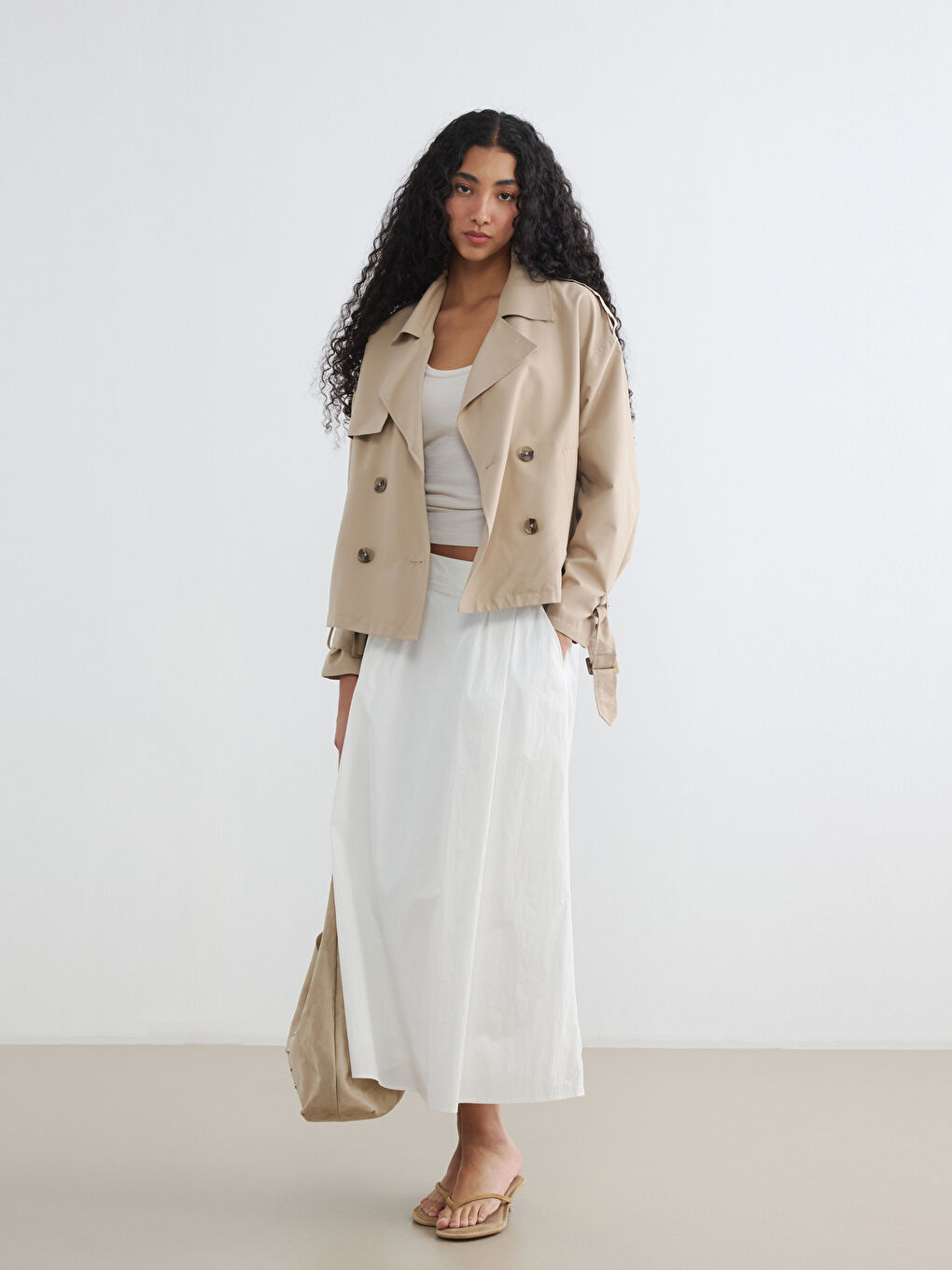 Ekru Beli Fermuarlı Kloş Etek