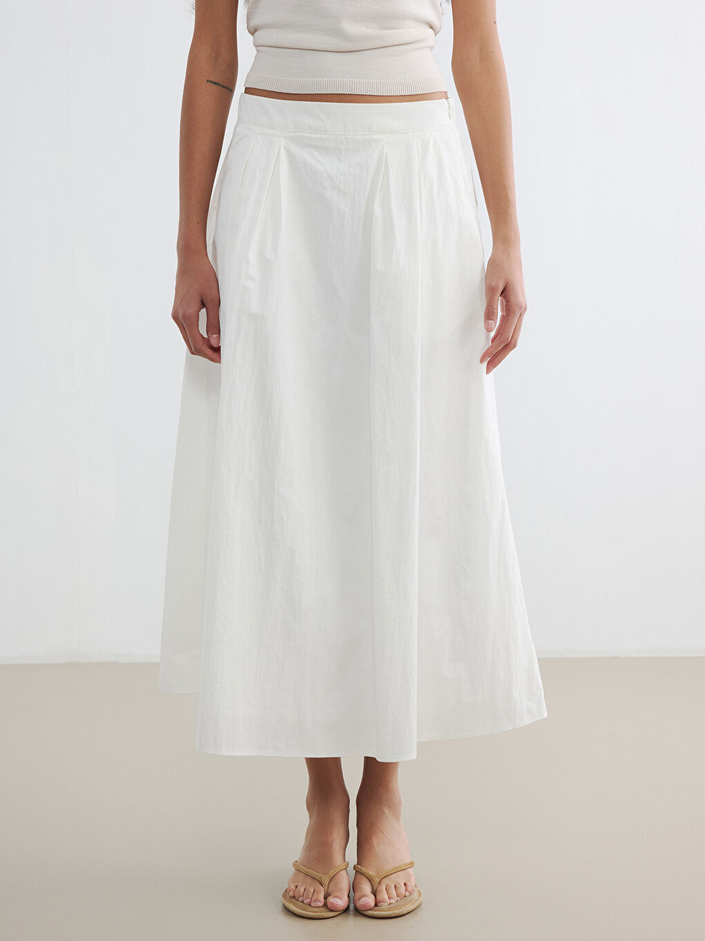 Ekru Beli Fermuarlı Kloş Etek-1