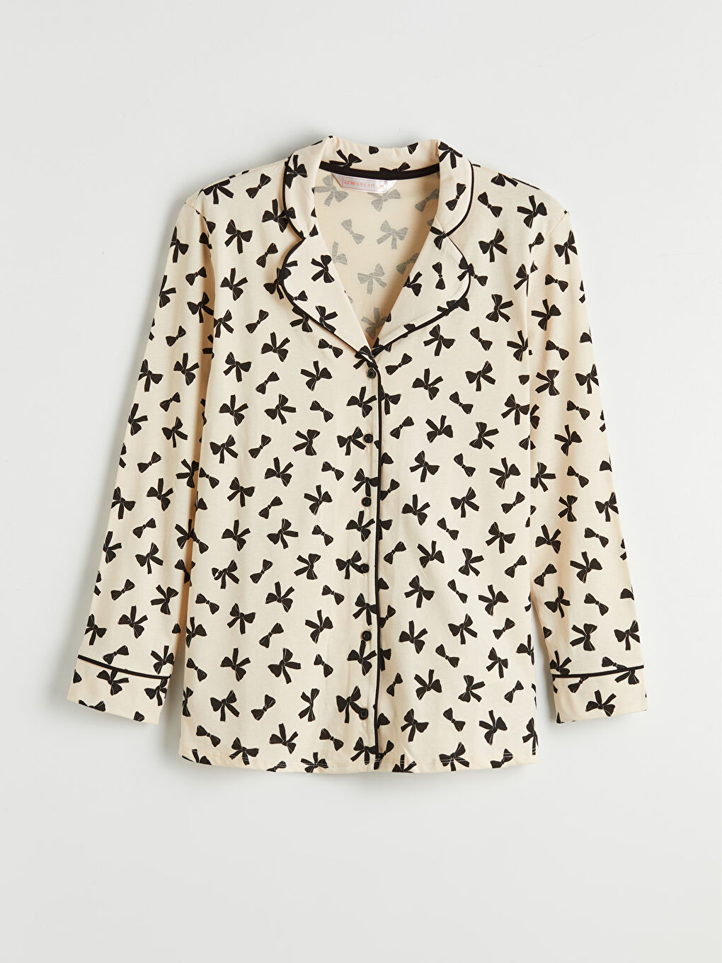 Bej Gömlek Yaka Fiyonk Baskılı Hamile Pijama Takımı-1