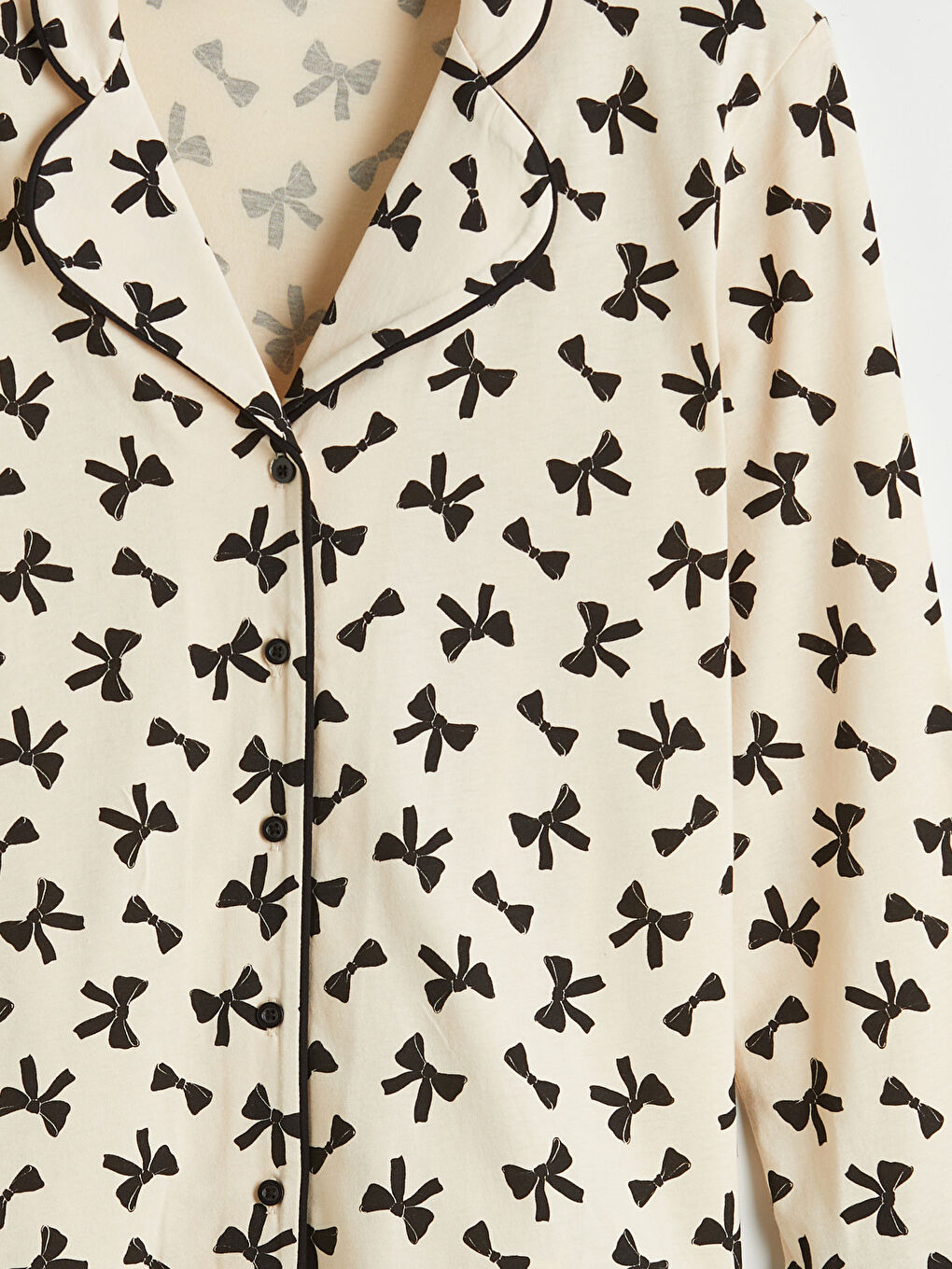 Bej Gömlek Yaka Fiyonk Baskılı Hamile Pijama Takımı-5