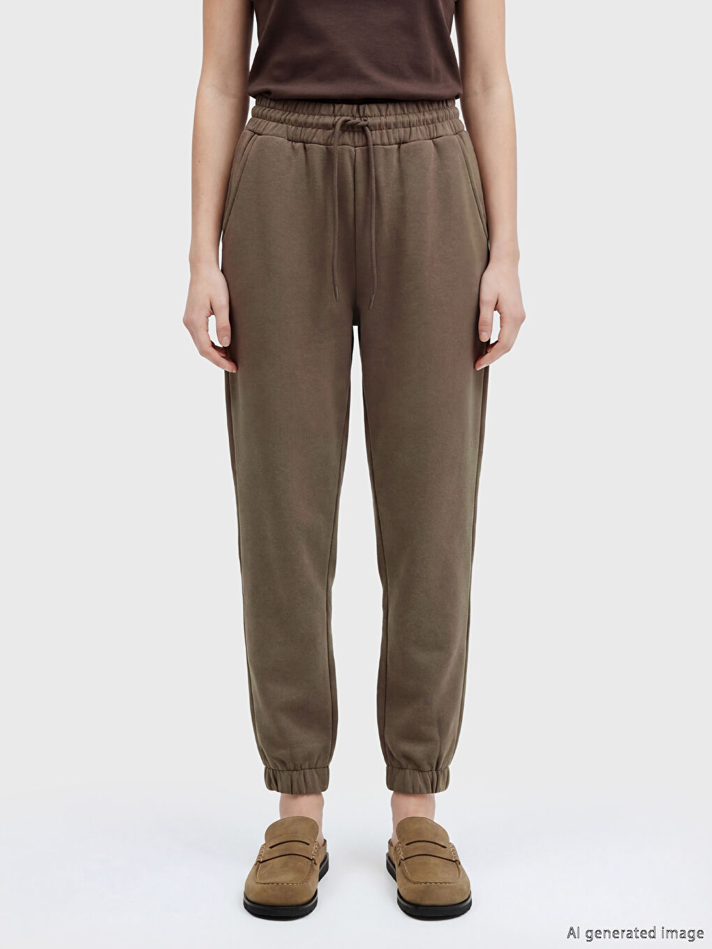 Kahverengi Beli Lastikli Kadın Jogger Eşofman Altı-1