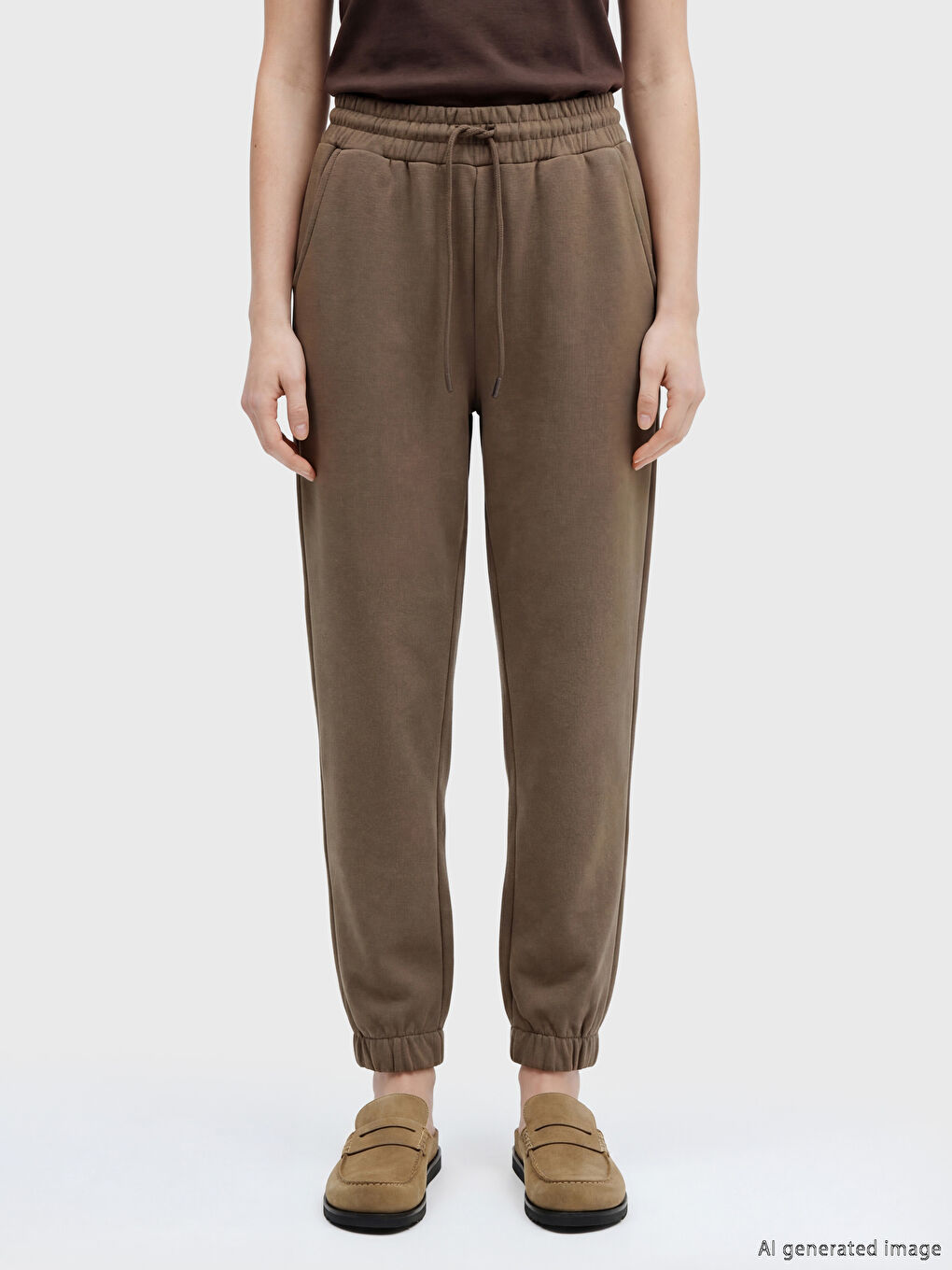 Kahverengi Beli Lastikli Kadın Jogger Eşofman Altı-1