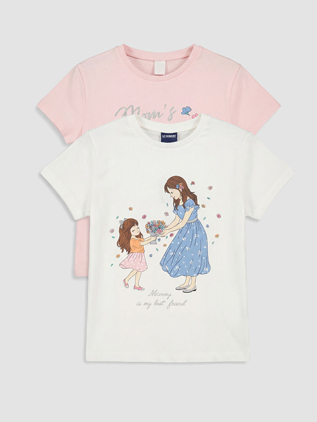 Beyaz Baskılı Kız Çocuk Tişört 2'li