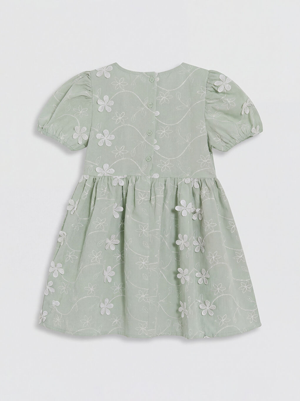 Yeşil Bisiklet Yaka Çiçek Nakışlı Kız Çocuk Elbise-1