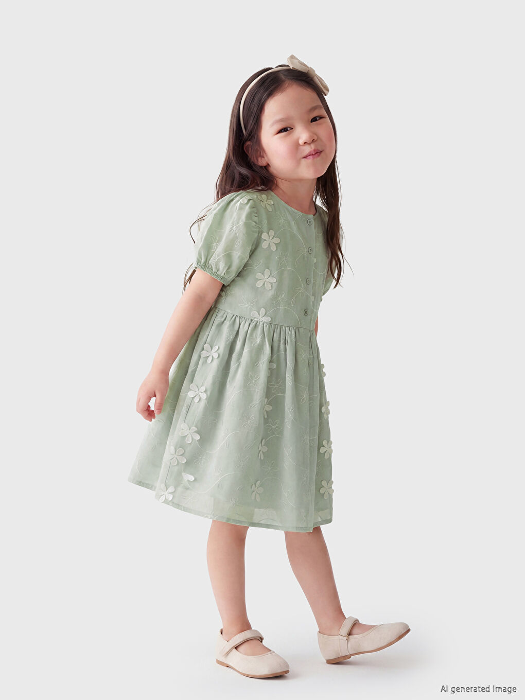 Crew Neck Floral Embroidered Girls' Dress