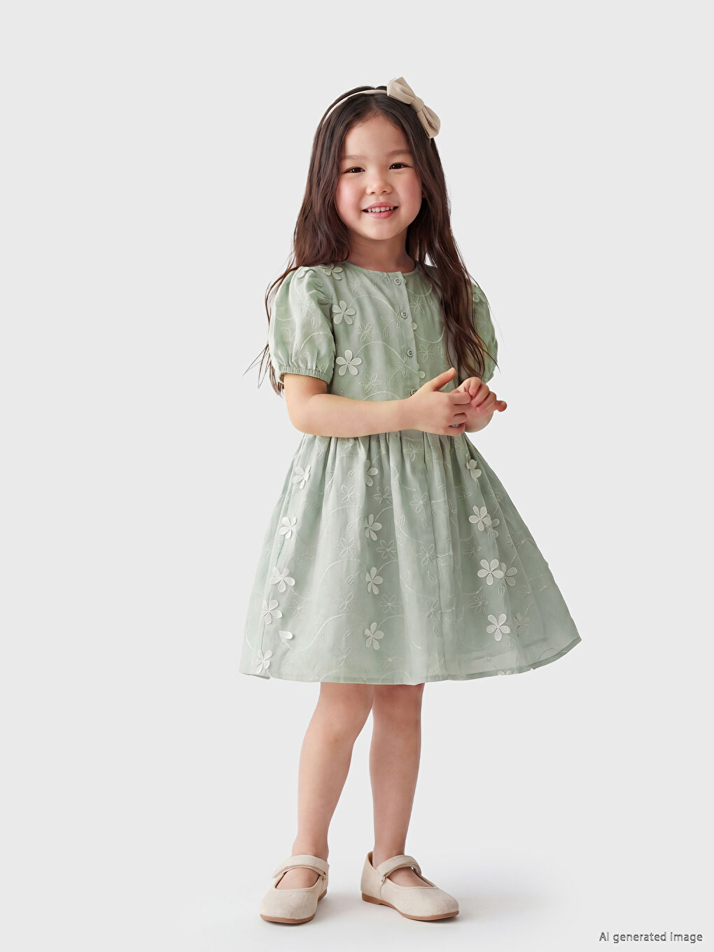 Crew Neck Floral Embroidered Girls' Dress-1