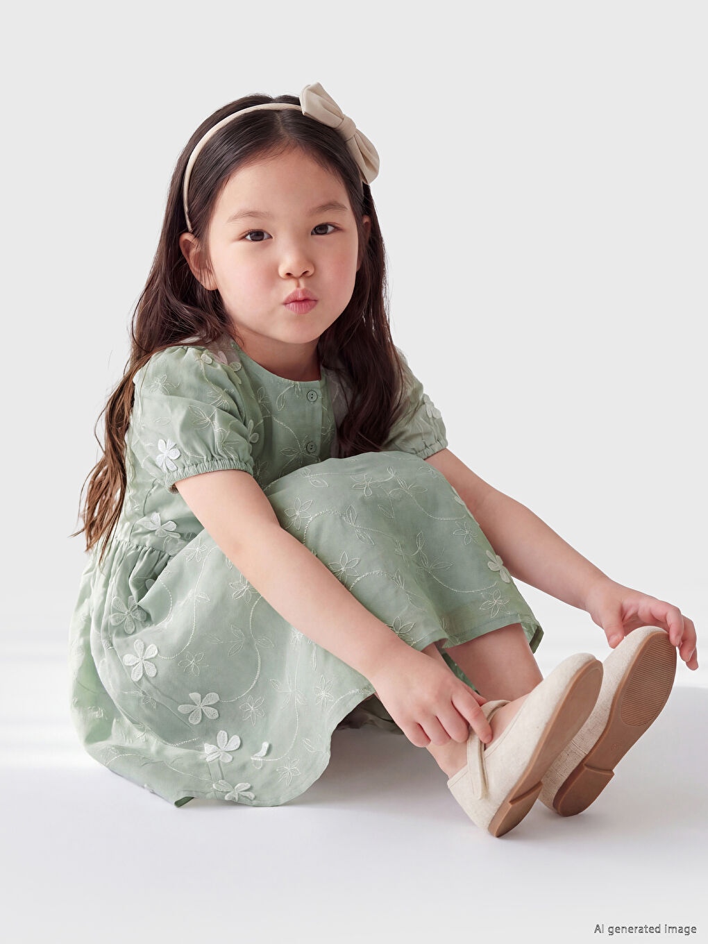 Crew Neck Floral Embroidered Girls' Dress-2
