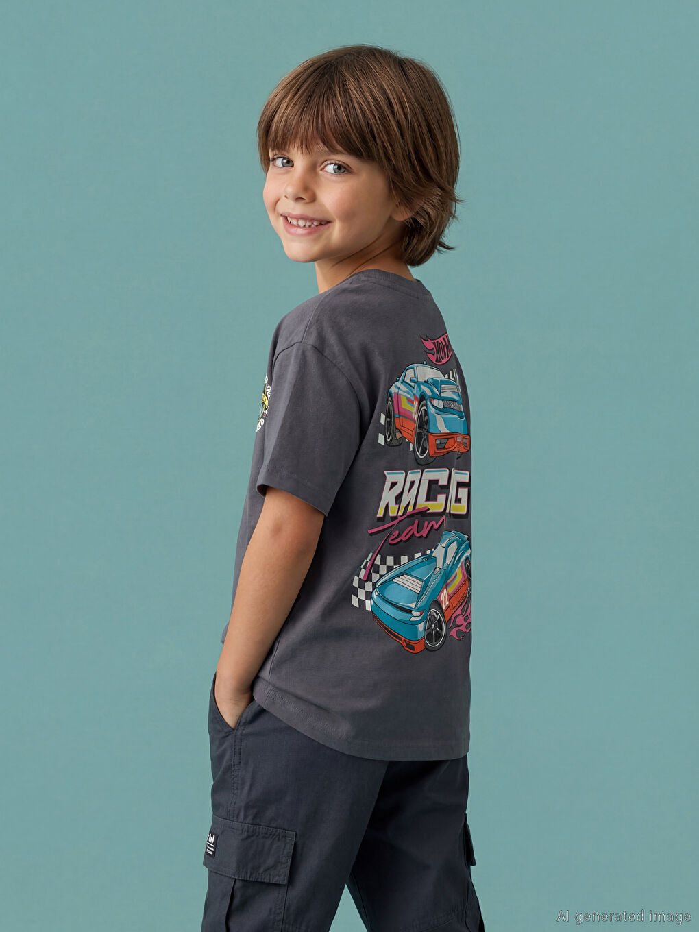 Crew Neck Hot Wheels Printed Boys' T-Shirt-1