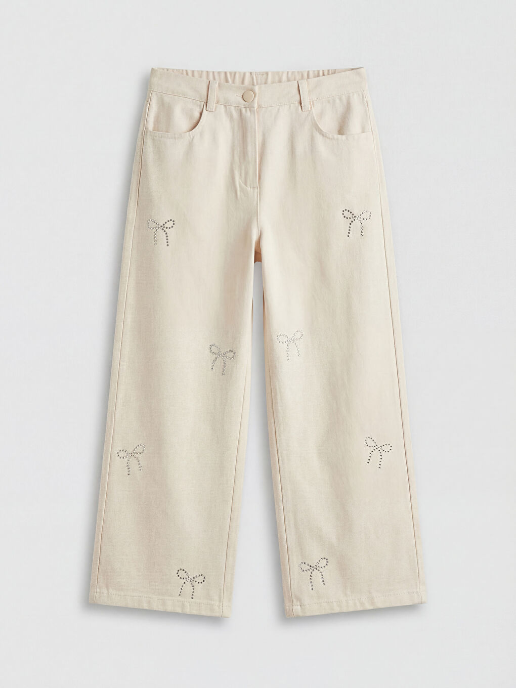 Ekru Kız Çocuk Taş İşlemeli Gabardin Pantolon