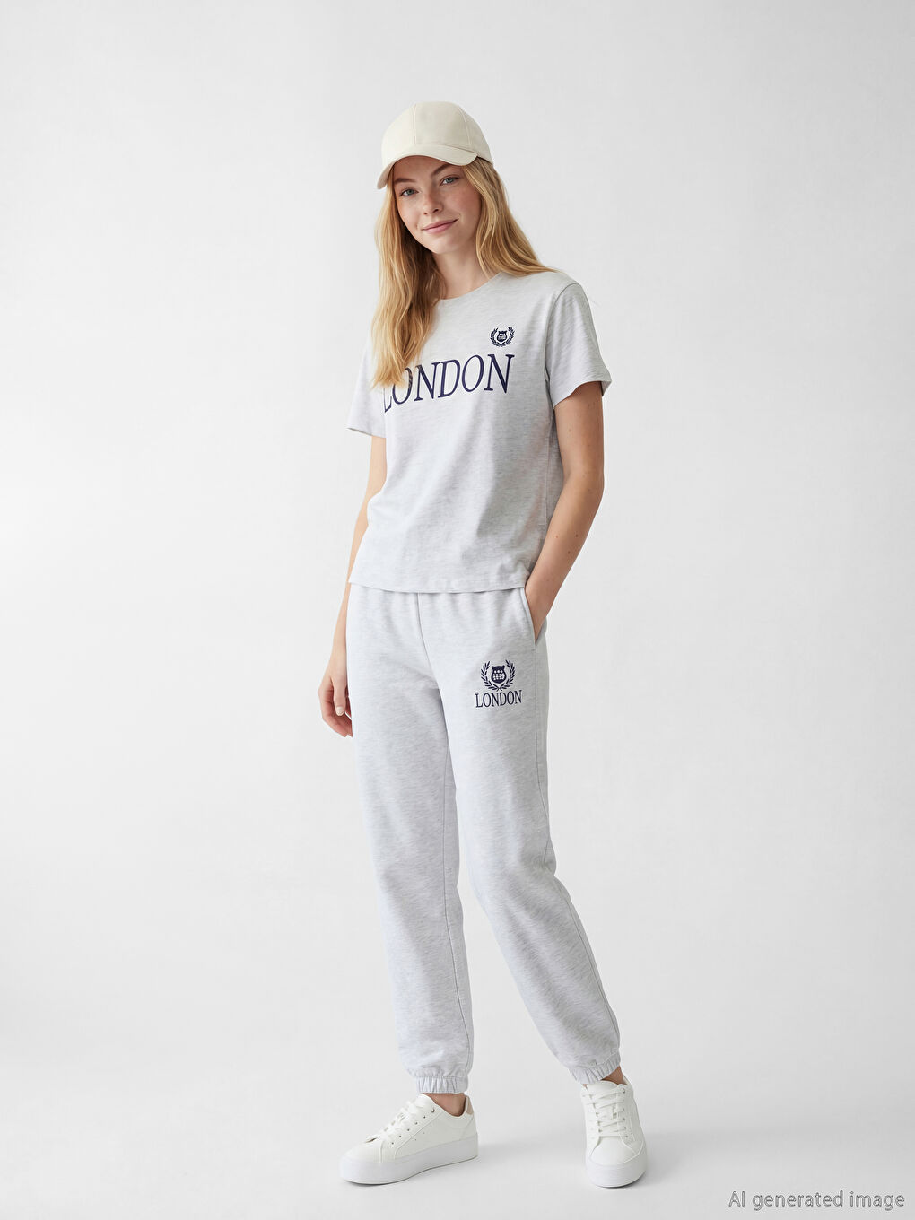 Gri Bisiklet Yaka London Nakışlı Kadın Tişört-1