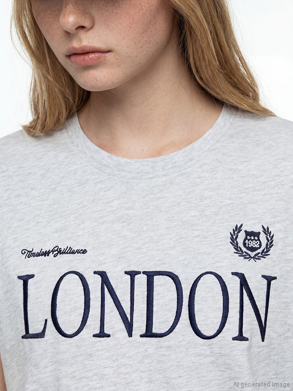 Gri Bisiklet Yaka London Nakışlı Kadın Tişört-2
