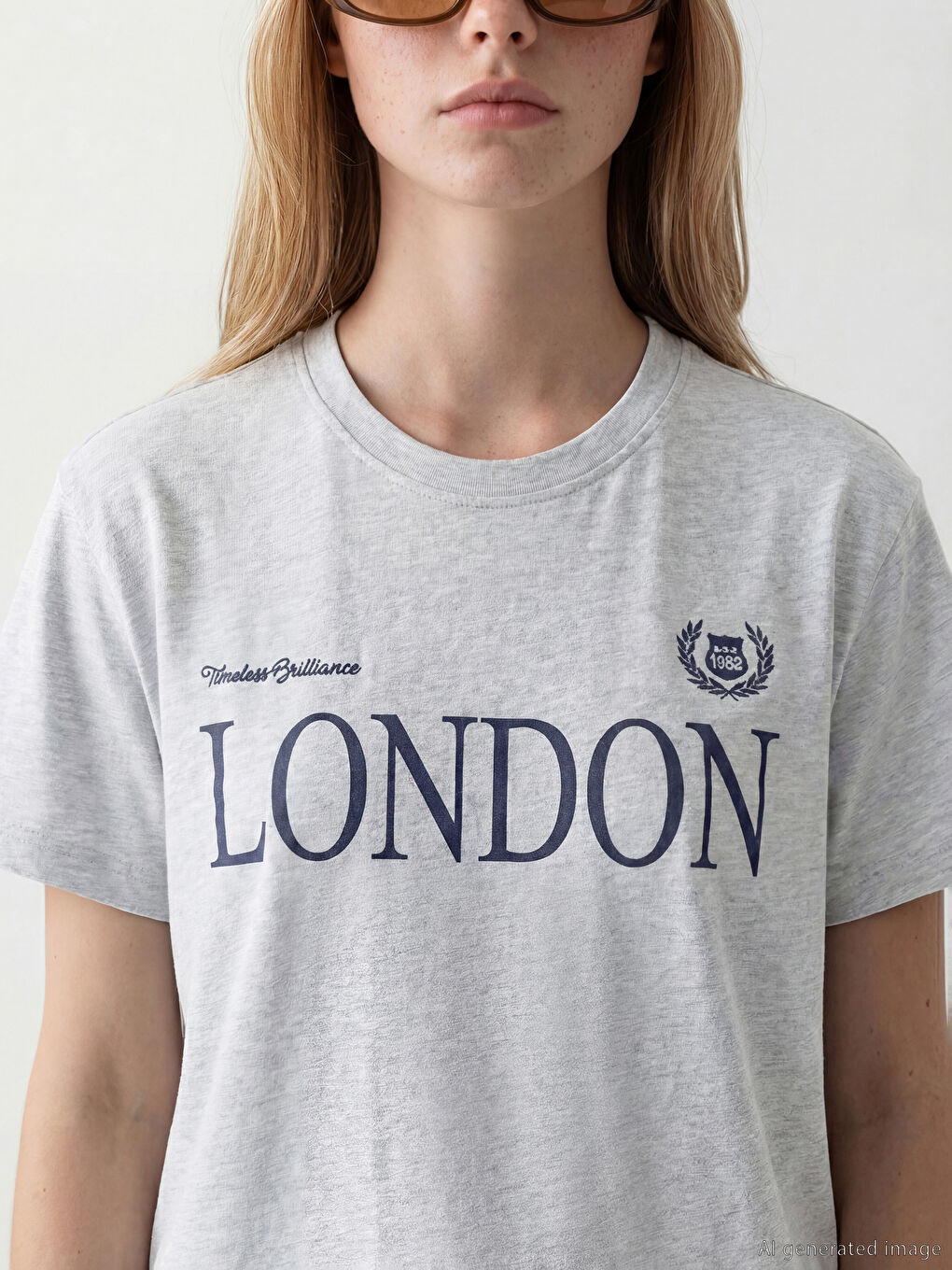 Gri Bisiklet Yaka London Nakışlı Kadın Tişört-2