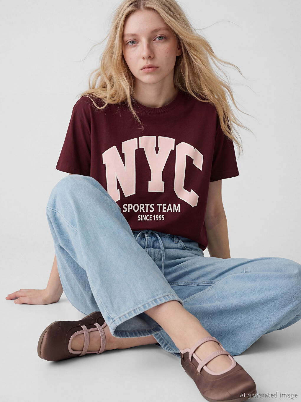 Bordo Bisiklet Yaka NYC Baskılı Kadın Tişört